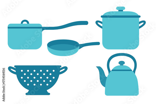 Essential kitchen cooking equipment set with saucepan, frying pan, stockpot, colander, and teapot