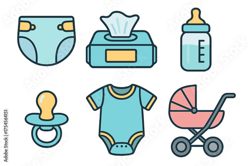 Set of essential baby care accessories including diaper, bottle, pacifier, bodysuit, and stroller icons