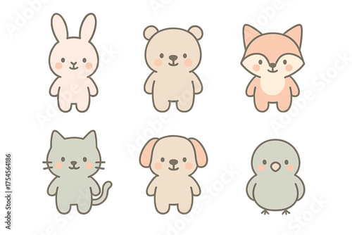 Set of six adorable pastel cartoon animals: rabbit, bear, fox, cat, dog, and chick