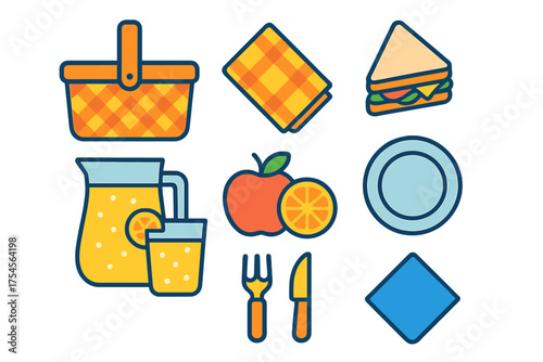 Colorful flat design essential items for summer outdoor picnic lunch or dinner
