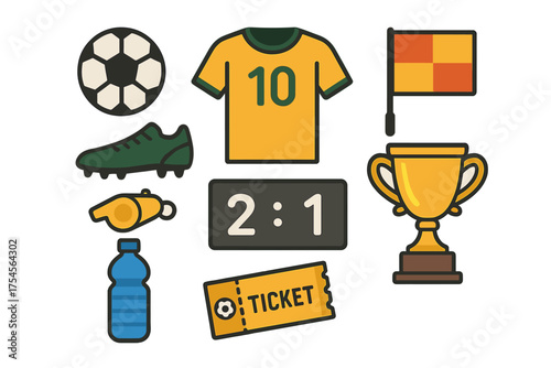 Football match accessories featuring sports ball jersey trophy ticket and scoreboard