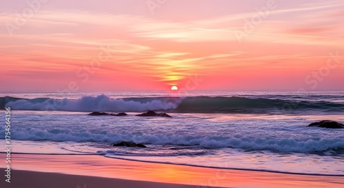 Beach sunset ocean waves pink sky nature photography landscape scenic travel destination wallpaper background