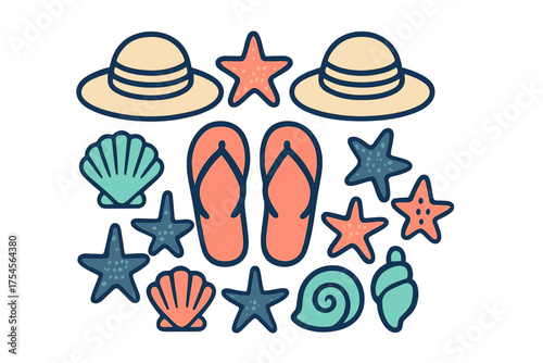 Collection of summer beach vacation accessories including sun hats, flip-flops, starfish, and seashells
