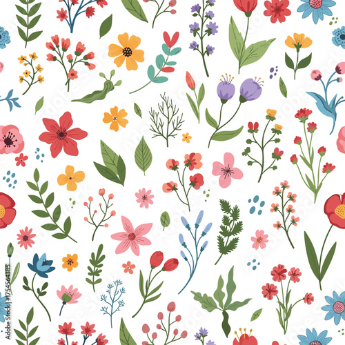 A delightful collection of small wild flowers and green leaves scattered across a white background.