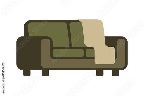 Modern sofa or armchair with a soft blanket draped over the back cushion