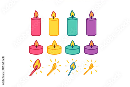 Colorful burning candles and lit matches set for celebration and decoration