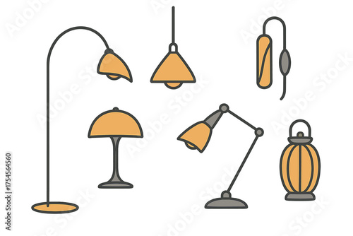 Collection of various modern and classic indoor lighting fixtures and lamps