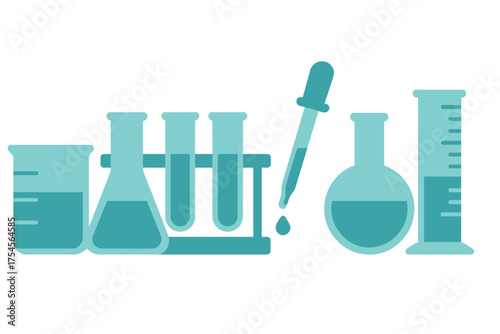 Essential chemistry laboratory equipment set including flasks, test tubes, beaker, and pipette