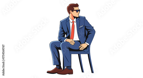 A man in a blue suit and red tie sits on a chair, looking to the side.