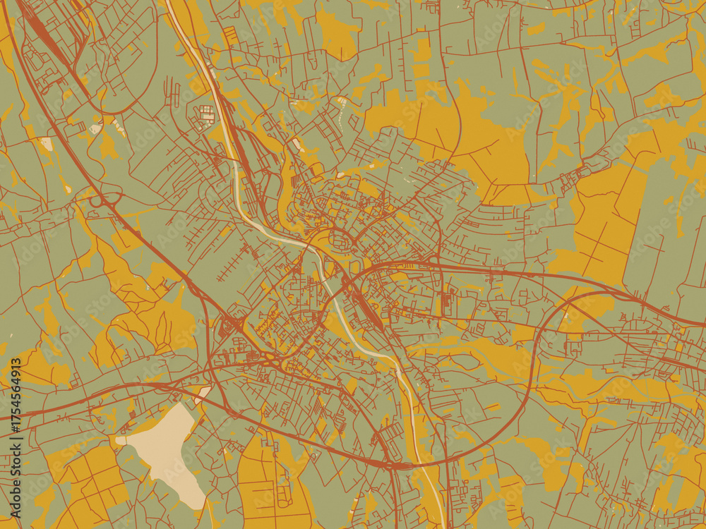 Fototapeta premium Vector-style flat map of Frydek-Mistek, Czechia with sage green ground with rust-red roads and ochre accents.