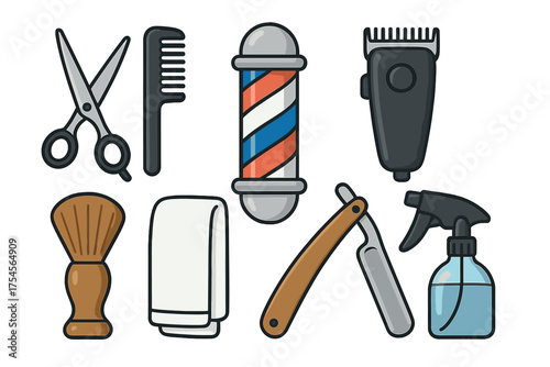 Professional barbershop equipment set with scissors, comb, razor, and shaving brush