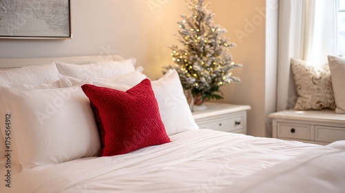 Cozy festive bedroom scene with red accent pillow on white bedding, small glowing Christmas tree on white nightstand, warm-toned wall and artwork for comfortable home ambiance