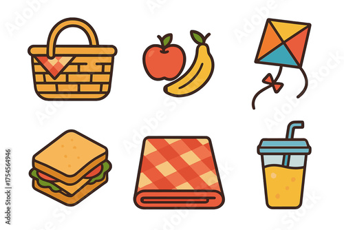 Colorful set of picnic items: wicker basket, fresh fruit, sandwich, blanket, drink, and kite
