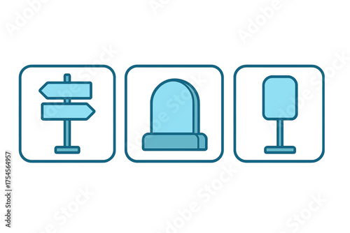Set of directional signpost, emergency siren light, and blank information board symbols