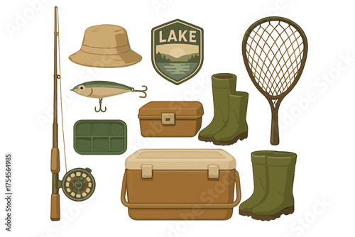 Classic fishing and camping gear set including rod, reel, lure, boots, cooler, and tackle box