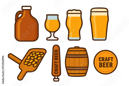 Collection of craft beer elements including glasses, growler, wooden barrel, malt scoop, and tap handle