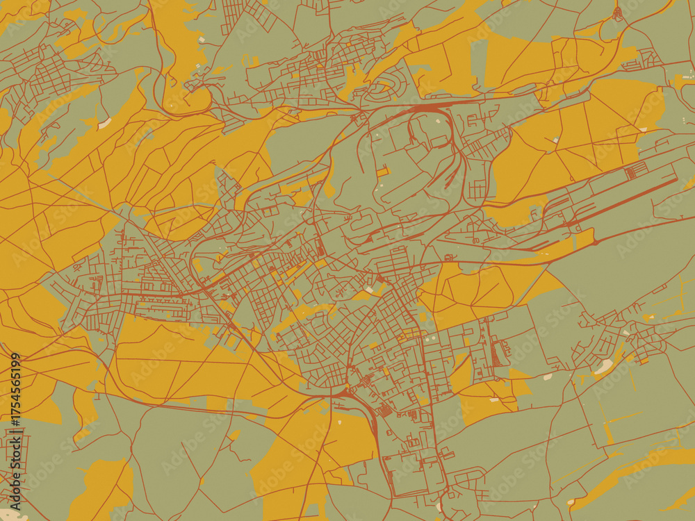 Obraz premium Decorative flat city map of Kladno, Czechia using earthy sage background with rust roadways and ochre details.