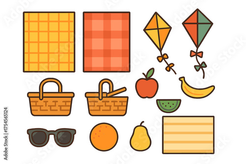 Set of colorful picnic items featuring baskets blankets kites fruits and sunglasses accessories