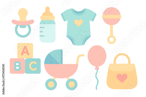 Pastel collection of essential baby items: pacifier, bottle, onesie, stroller, and toys for newborn announcement