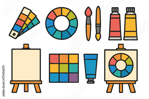 Essential art supplies and painting tools including color wheel, paint tubes, brushes, and easel set