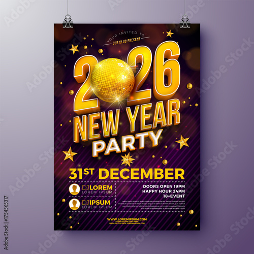 Happy New Year 2026 Party Flyer Template Illustration with 3d Typography Lettering and Disco Ball on Dark Background. Vector New Year Eve and Christmas Celebration Holiday Design for Promo Banner