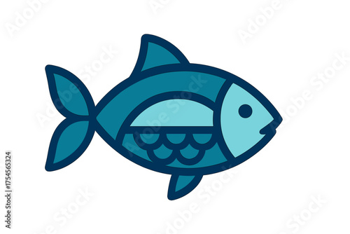 Stylized blue fish swimming horizontally graphic for marine and seafood concepts