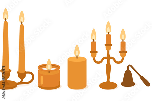 Burning wax candles set including taper, pillar, jar, candelabra, and snuffer