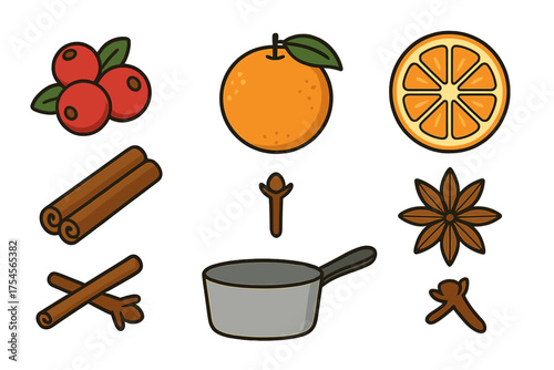 Set of winter spices and fruit ingredients: cinnamon, orange, star anise, and berries