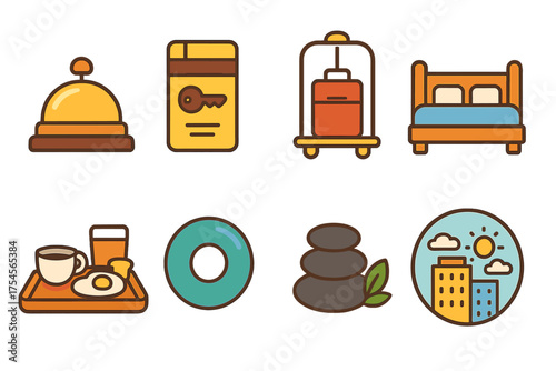 Set of hospitality and travel icons including hotel key card, service bell, luggage cart, and breakfast tray symbols