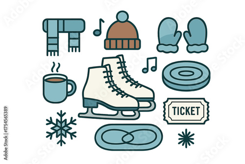 Collection of winter holiday and ice skating accessories including skates, scarf, hat, and mittens