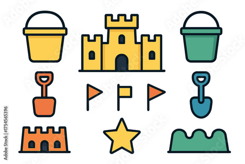 Colorful sand toys and beach play items including buckets, shovels, flags, and sandcastles