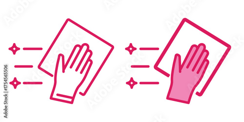 Cleaning and disinfection line icons. Hand wiping surface with shining stars symbolizing hygiene and cleanliness. Perfect for household and sanitary design. 