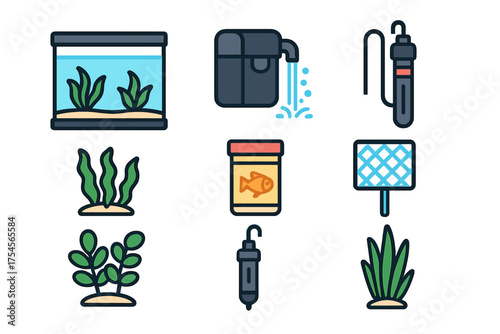 Set of essential equipment and supplies icons for freshwater aquarium maintenance