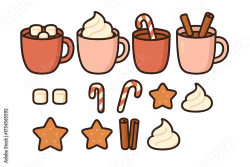 Cozy winter hot beverages and holiday treats set including mugs, marshmallows, candy canes, and gingerbread