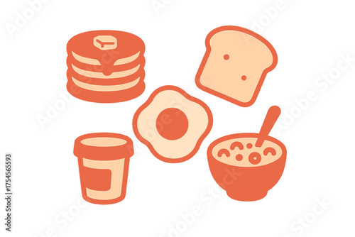 Assortment of classic morning meal items including pancakes, fried egg, toast, and cereal
