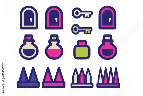 Colorful fantasy game elements set: magic doors, keys, potions, and royal crowns