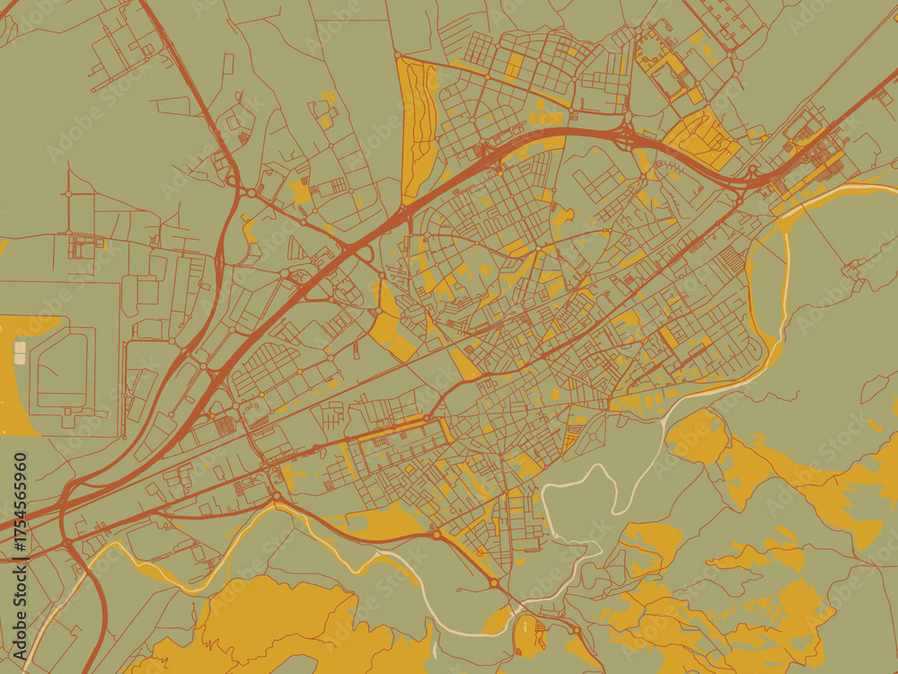 Obraz premium Contemporary flat map of Alcala de Henares, Spain design with earthy sage background with rust roadways and ochre details.