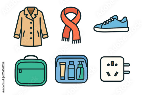 Travel essentials set featuring coat, scarf, sneaker, luggage, toiletries, and power adapter