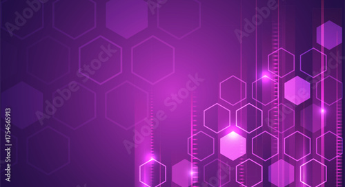 Futuristic purple background with glowing hexagons and light lines. Abstract digital design concept for technology, innovation, and modern data visualization