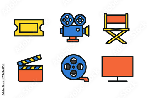 Colorful cinema and movie production icons set: camera, clapperboard, ticket, film reel, director chair