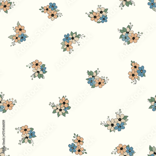 A delicate pattern of small wildflowers scattered across a cream background.