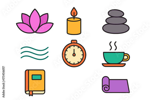Colorful wellness and spa symbols: lotus flower, burning candle, stacked stones, and yoga mat