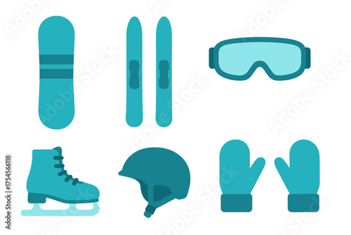 Essential winter sports equipment collection featuring snowboard, skis, ice skate, helmet, goggles, and mittens