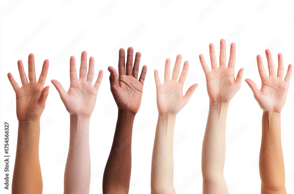 Obraz premium Diverse hands raised high, showcasing unity and inclusion with various skin tones