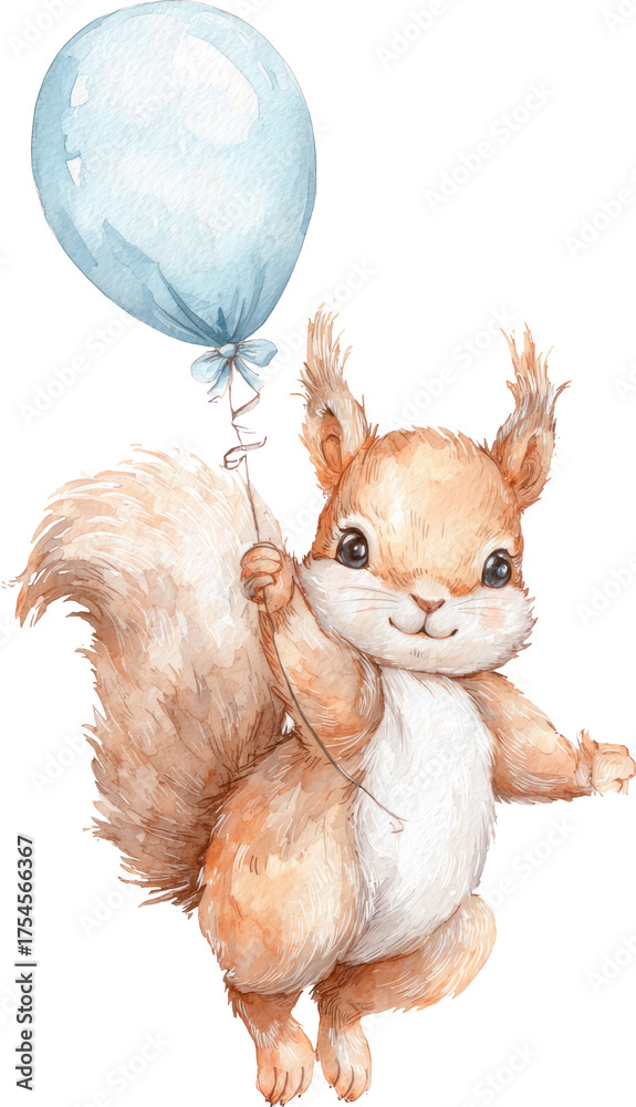Fototapeta premium Cute happy squirrel holding blue balloon. Watercolor animal character