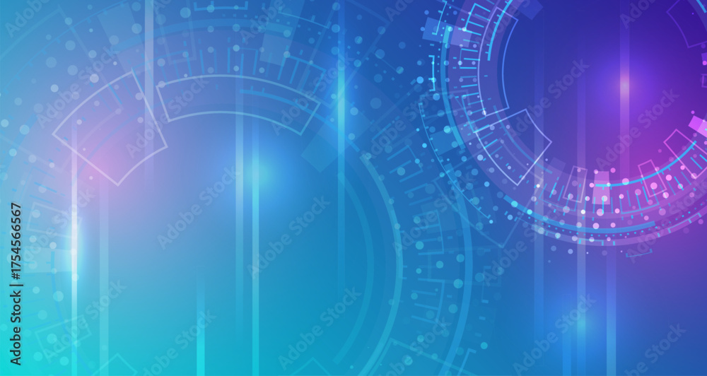 Futuristic blue and purple technology background with glowing digital circles and geometric shapes. Ideal for innovation, AI, science, or high-tech presentations