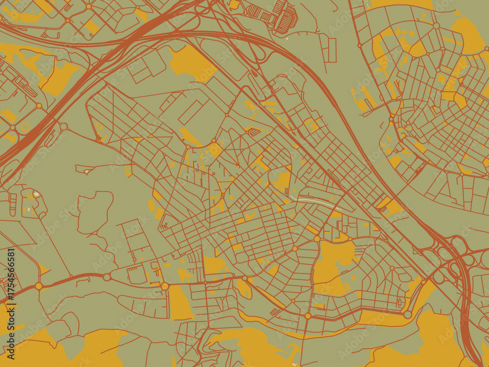 Obraz premium Modern flat map poster of Cerdanyola del Valles, Spain in sage green ground with rust-red roads and ochre accents.