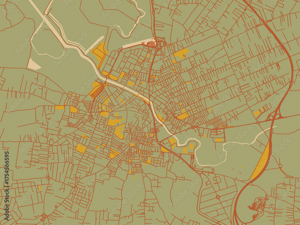 Obraz premium Graphic flat color map of Chiclana de la Frontera, Spain in earthy sage background with rust roadways and ochre details.