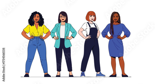 Four diverse women standing confidently together, showcasing different styles and body types, representing strength and unity.