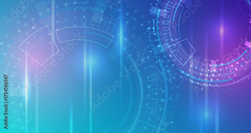 Futuristic blue and purple technology background with glowing digital circles and geometric shapes. Ideal for innovation, AI, science, or high-tech presentations